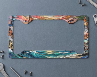 Stained Glass Butterfly Sunset Beach Metal License Plate Frame - Tropical Ocean Car Accessory, Island Vibes Gift