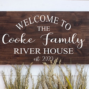 Custom River House Sign With Established Date, Personalized Lake Home Decor, Outdoor House Sign, Rustic Cabin Beach Quarry Tree Wooden Sign