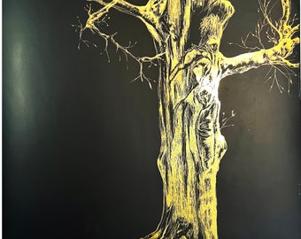 Huge Gold and black drawing, Hand-scratched drawing of a tree, Tree Of Hope, nature