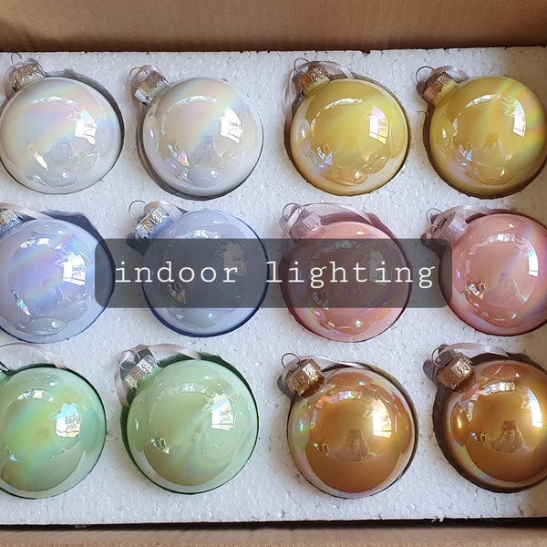 Pastel Iridescent Glass Baubles, Handmade Christmas Ornaments, Christmas Tree Decorations, Luxury Baubles Set, Set of 12 Baubles