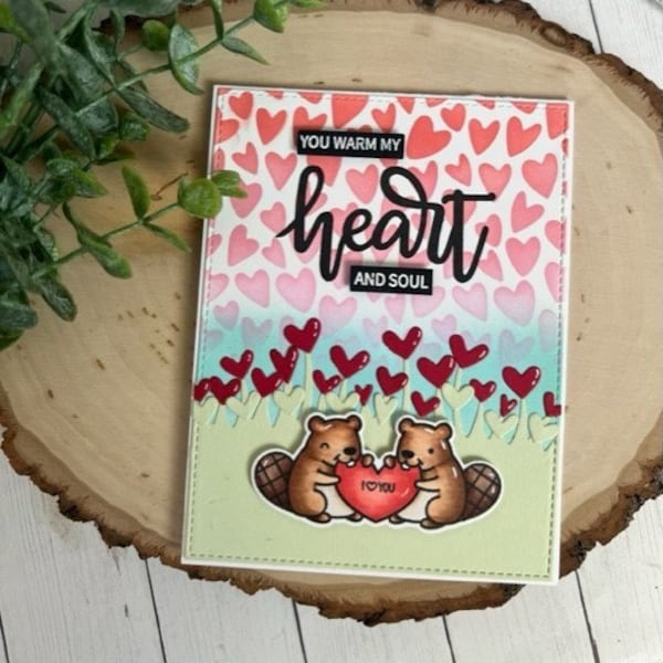 Handmade Greeting Card/You Warm My Heart and Soul/Valentine/Critters/Beavers/I Love You Card/Hearts Card/A2 Standard Size Card