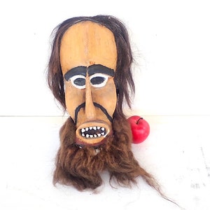Wooden Mask Carved Wood Swiss Mask Decoration Wall Mask Aeschlimann Thun Swiss Alps Wood Carving Fur Sheep Teeth Art Brut Carnival