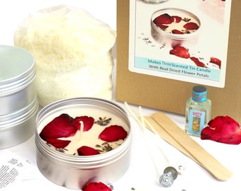 Candle Making Kit (Makes 3) - Natural Dried Flower Petals Scented Eco Soy Wax Tin