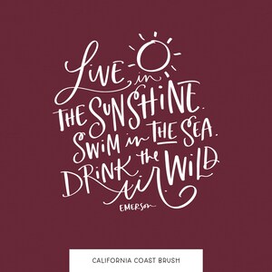 Może przedstawiać: Biały tekst na bordowym tle brzmi: "Live in the sunshine. Swim in the sea. Drink the wild air." z podpisem "Emerson" poniżej. Tekst jest napisany odręcznie. Słowa "California Coast Brush" znajdują się na dole obrazu.