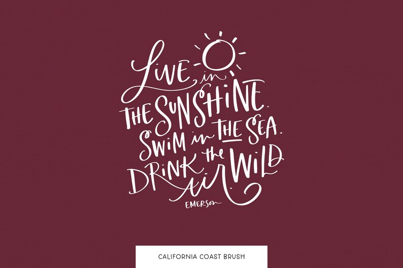 Może przedstawiać: Biały tekst na bordowym tle brzmi: "Live in the sunshine. Swim in the sea. Drink the wild air." z podpisem "Emerson" poniżej. Tekst jest napisany odręcznie. Słowa "California Coast Brush" znajdują się na dole obrazu.