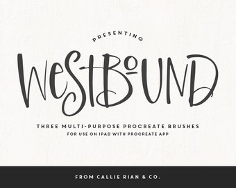 Może przedstawiać: Czarno-biały projekt graficzny z tekstem "PRESENTING WestBOUND THREE MULTI-PURPOSE PROCREATE BRUSHES FOR USE ON IPAD WITH PROCREATE APP FROM CALLIE RIAN & CO."