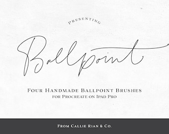 Może przedstawiać: Czarno-białe zdjęcie z tekstem "PRESENTING Ballpoint FOUR HANDMADE BALLPOINT BRUSHES FOR PROCREATE ON IPAD PRO FROM CALLIE RIAN & CO."