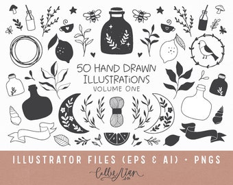 May include: Black and white hand-drawn illustrations of various objects, including bottles, bees, lemons, leaves, moons, and a bird in a wreath. The text reads "50 Hand Drawn Illustrations Volume One" and "Illustrator Files (EPS & AI) + PNGS".