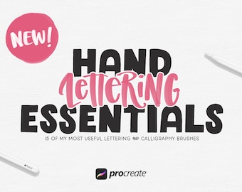 May include: A pink circle with the word "NEW!" in white text. The words "HAND LETTERING ESSENTIALS" are in black text with the word "LETTERING" in pink. Below the text is a smaller line of text that reads "15 OF MY MOST USEFUL LETTERING AND CALLIGRAPHY BRUSHES". The text is on a white background with a subtle texture. The Procreate logo is in the bottom right corner.