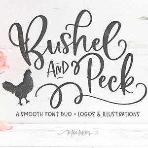 Peut inclure: Rushel And Peck, un duo de polices lisses plus des logos et des illustrations, est écrit dans une police d'écriture cursive stylisée sur un fond de bois blanc. Une silhouette noire d'un poulet est présentée sous le texte.