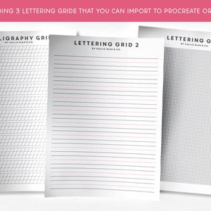 Może przedstawiać: Trzy drukowane siatki do kaligrafii i letteringu. Siatki są oznaczone jako "Calligraphy Grid", "Lettering Grid 2" i "Lettering Grid".