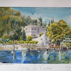 Villa Carlotta Cadenabb Lago Como Impresión acuarelada a mano Lago como italia acuarela paisaje italiano italia ver lago como pintura