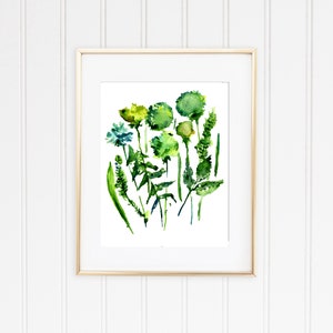 Botanical sketch flowers Green plant watercolor Botanical illustration Dandelion print Abstract flower downloadable Botanical wall art