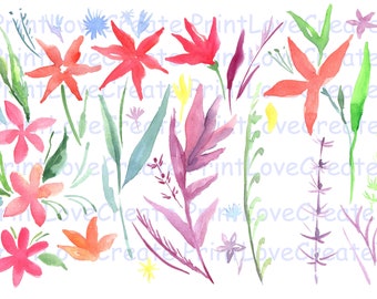 Unique watercolour floral elements for design Aquarelle hand painted png pink purple flowers and leaves