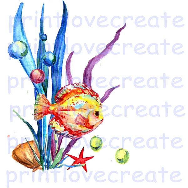 Watercolour fish design elements with sea weed, Bright marine png design with orange fish and bubbles
