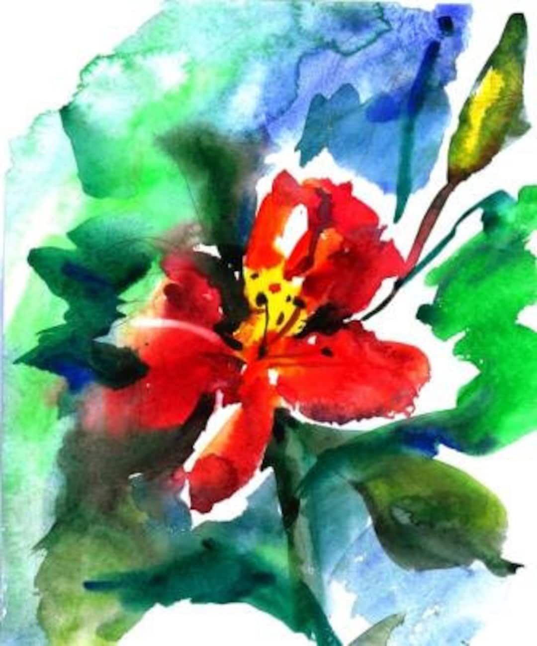 Red Abstract Flower Digital Print Modern Flower Watercolor Watercolor ...