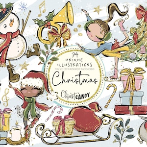 Christmas Whimsical Clipart, Nutcracker, Ice Skater Dancer, Santa Stickers, Winter Ballerina Illustrations, Gold, Glitter, CC04-CL