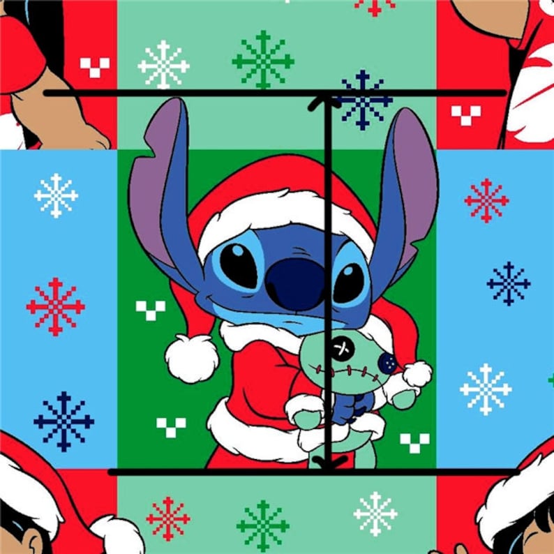 Stitch and Lilo with snowflakes in background Faux Christmas Leather. Lilo and Stitch Christmas Leather with Blue and Green Background