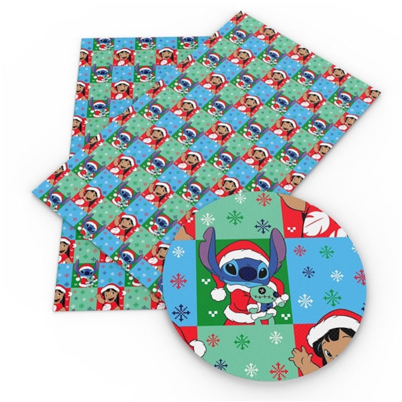 Stitch and Lilo with snowflakes in background Faux Christmas Leather. Lilo and Stitch Christmas Leather with Blue and Green Background