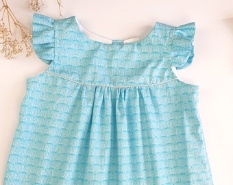 Dress girl 3 years, cotton printed sky blue and turquoise, AVAILABLE IMMEDIATE