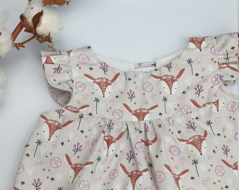 Blouse fille, 3 ans, en coton beige avec petite biche, manches courtes " papillon"