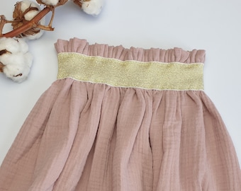 Jupe fille du 2 au 10 ans, en coton "double gaze" coloris vieux rose avec élastique doré