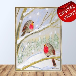 Weihnachtsvögel Winter Kunstdruck | malen Wandkunst | Urlaub Poster | Trendige Weihnachtsdekoration | Digitaler Download | Bleistift-Skizze DRUCKBAR