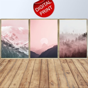 Mountain Print 3 Piece Wall Art Downloadable Prints. Enchanted Forest Set of 3 Prints Landscape Art Digital Poster Nature Prints Blush Pink.