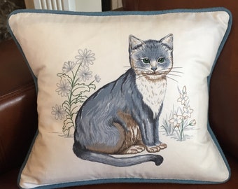 Handmade Cranston Print Works Cat panel pillow with piping