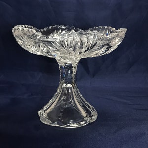 American Brilliant Cut Scalloped Sawtooth Crystal Pedestal Compote Hobstar Pattern Dish
