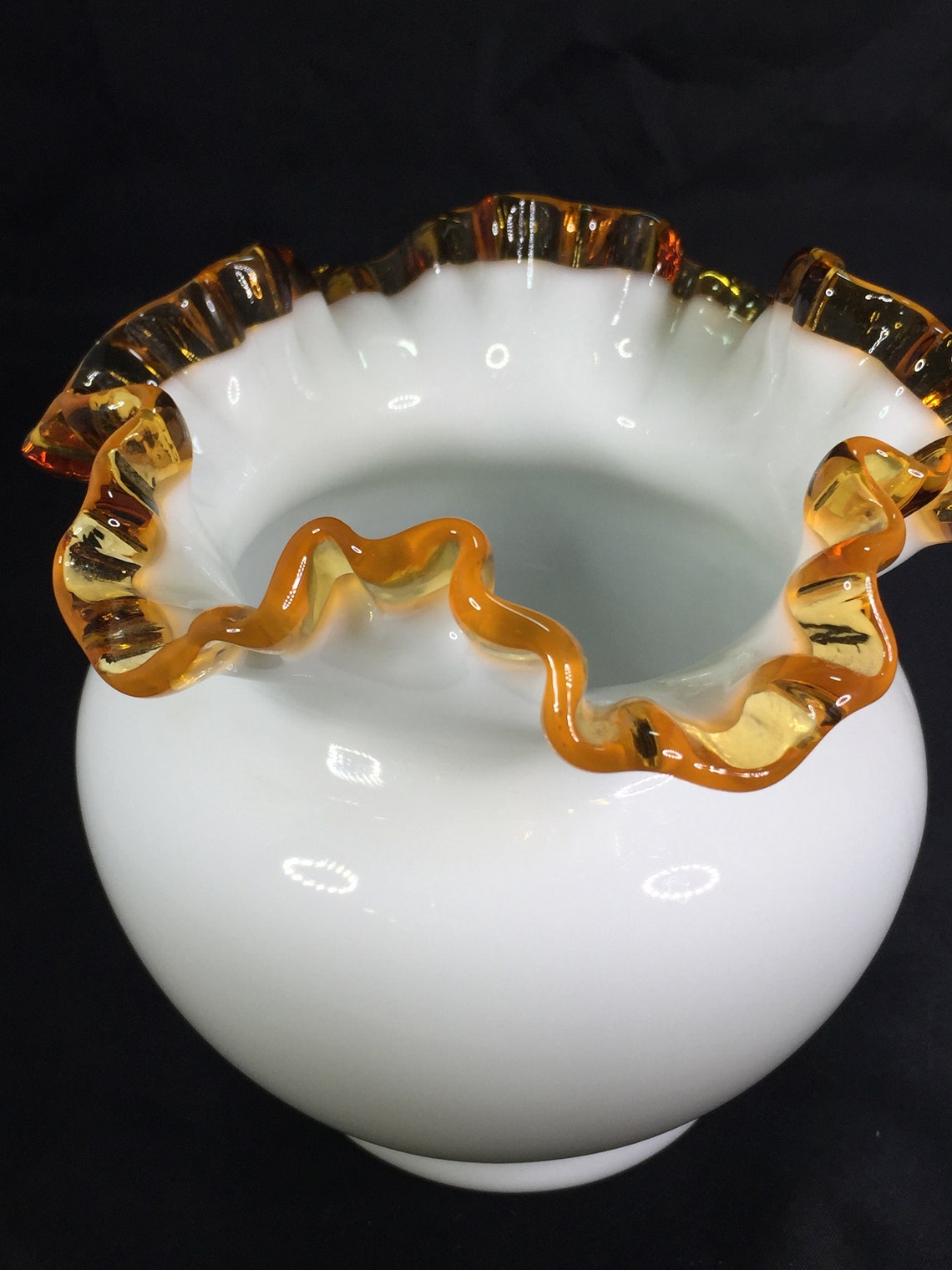 Vintage Fenton Amber Crimped Milk Glass Bowl Vase Etsy