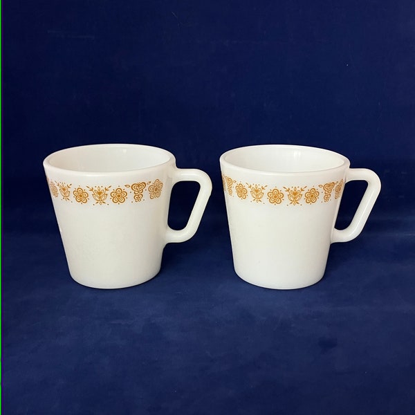 Two Corning Pyrex Butterfly Gold White Glass Coffee Mug