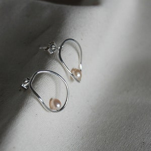 Small recycled eco sterling silver abstract hoop earrings, studs, pearls, elegant, gift image 1