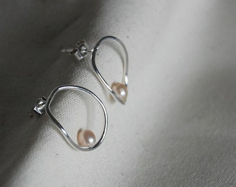 Small recycled eco sterling silver abstract hoop earrings, studs, pearls, elegant, gift