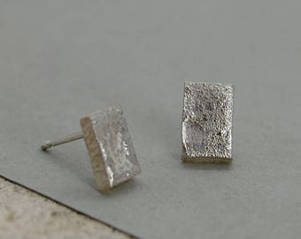 Sustainable Ethical Recycled Sterling Silver Stud Earrings, Minimal Square block, Textured, Geometric Simplicity, Everyday Studs