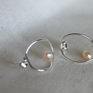 Small recycled eco sterling silver abstract hoop earrings, studs, pearls, elegant, gift image 2