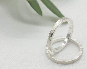 Recycled Sterling Silver hammered textured Stacking ring band, Organic Simple Everyday Wedding Promise Ring