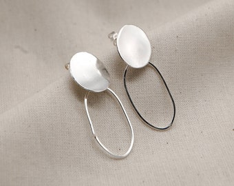 Recycled Silver Earrings, Geometric shape, Small Hoop Style, Handmade, Minimal, Contemporary, Everyday Studs, Gift, Organic Shape