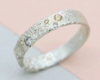 Recycled Sustainable Sterling Silver Multiple Stones, Stacking Textured Organic Simple Everyday Wedding Promise Ring