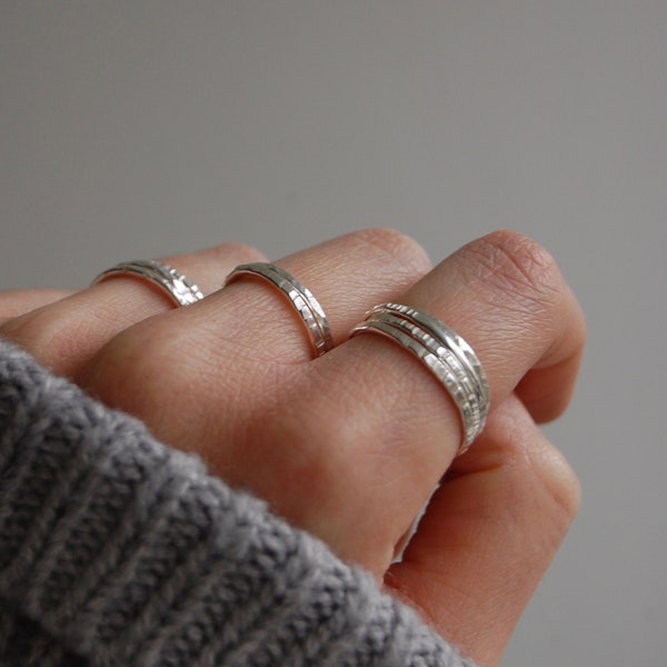 Stacked Skinny Silver Bands, recycled sterling silver, eco jewellery, minimal wedding band, textured organic