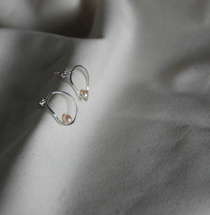 Small recycled eco sterling silver abstract hoop earrings, studs, pearls, elegant, gift image 1