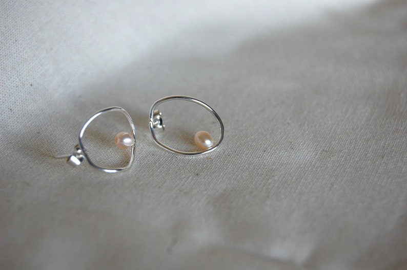 Small recycled eco sterling silver abstract hoop earrings, studs, pearls, elegant, gift image 2