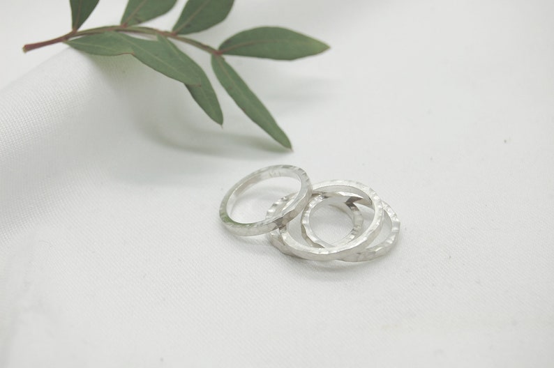 Recycled Sterling Silver hammered textured Stacking ring band, Organic Simple Everyday Wedding Promise Ring image 2