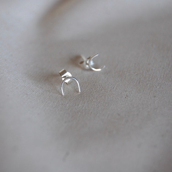 Sustainable Ethical Recycled Sterling Silver Stud Earrings Minimal Mix Match Geometric Simplicity Mini Everyday Studs Half moon wire