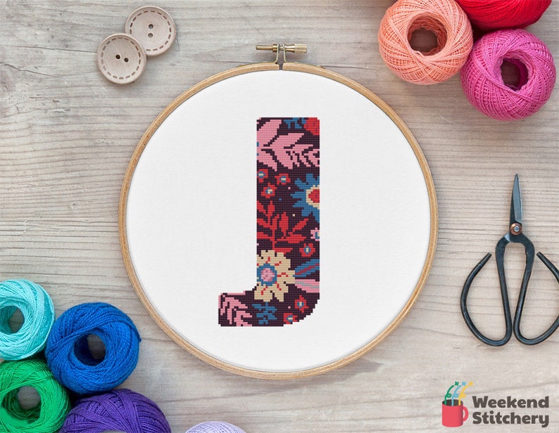 Monogram Cross Stitch Patterns Letter J Flower Embroidery Etsy