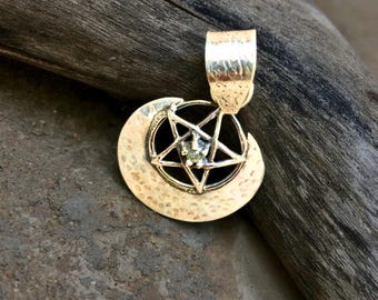 Handmade Silver Real Moldavite Pendant: Lunar Pentagram Necklace