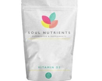 May include: White pouch with a green, pink, and yellow logo that says "Soul Nutrients Superfoods & Supplements". The pouch also says "Vitamin D3" in blue text.