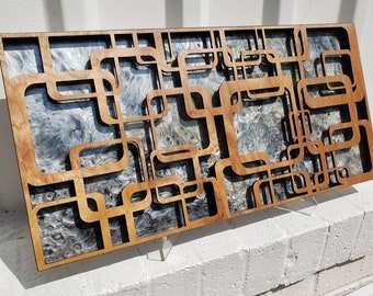 Decorative Wall Panel - Multi Layer Mixed Media (Laser Cut Geometric Wall Art on Resin) 10" x 20".  Ready to Hang!