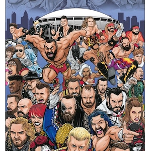 May include: A colorful illustration featuring numerous professional wrestlers, with a stadium and city skyline in the background. The artwork showcases a variety of wrestlers in action poses, with detailed facial expressions and attire. The image has a comic book style.
