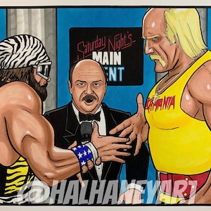 May include: A hand-drawn illustration of two wrestlers, one wearing a black and white zebra-striped tank top and the other wearing a yellow tank top with the word "Mania" on it. The wrestlers are shaking hands in front of a blue background with the words "Saturday Night's Main Event" on it.